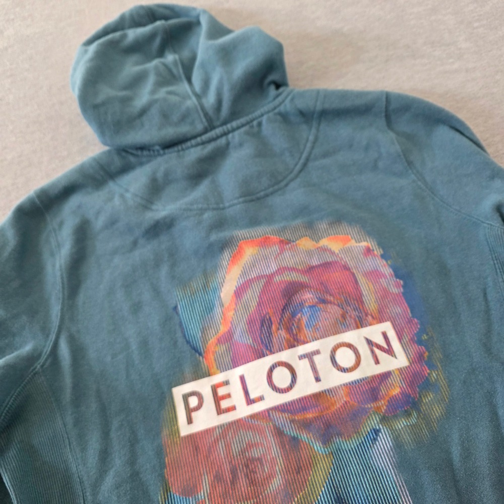 Peloton Mens Blue Full Zip Graphic Hoodie Floral Back Logo Sweatshirt Small